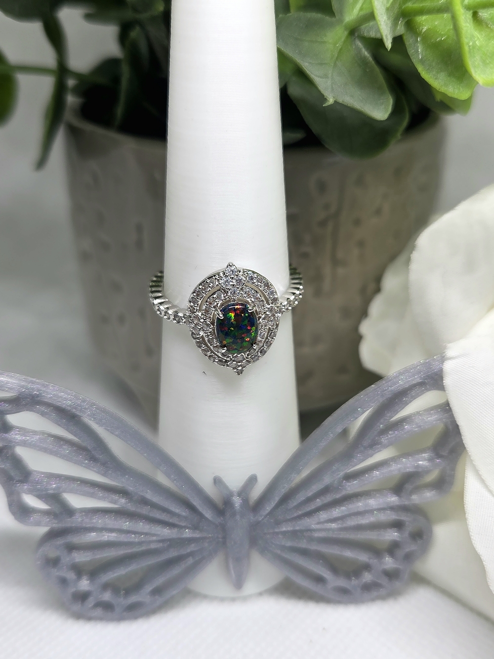 BP Black Opal Halo Ring On Rhodium Plating